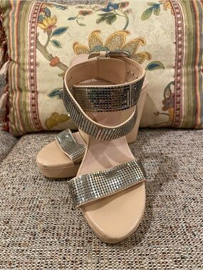 Stuart Weitzman Nude Platform Sandals with Silver Rhinestone Straps